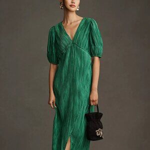 Anthropologie V-Neck Pleated Slim Midi Dress in Emerald Green Size XS NWT